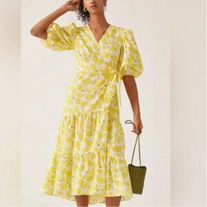 Anthropologie Lemon Tiered Wrap Midi Dress